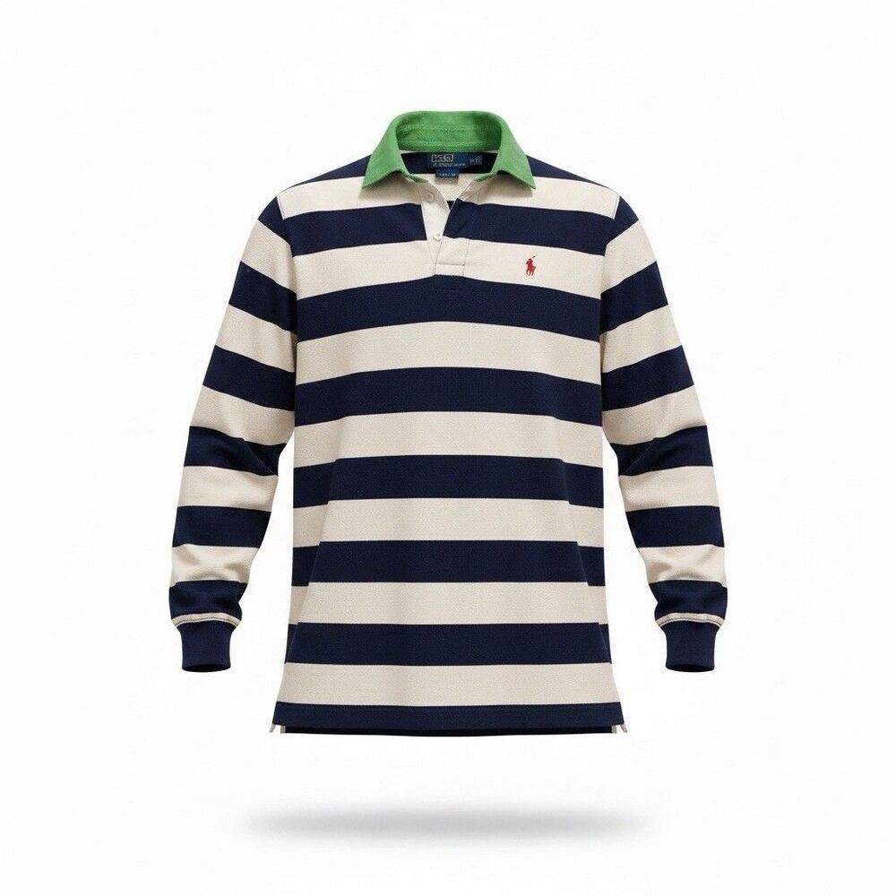 Vtg 90s Polo Ralph Lauren Rugby Shirt Navy White Striped Colorblock Small FLAW